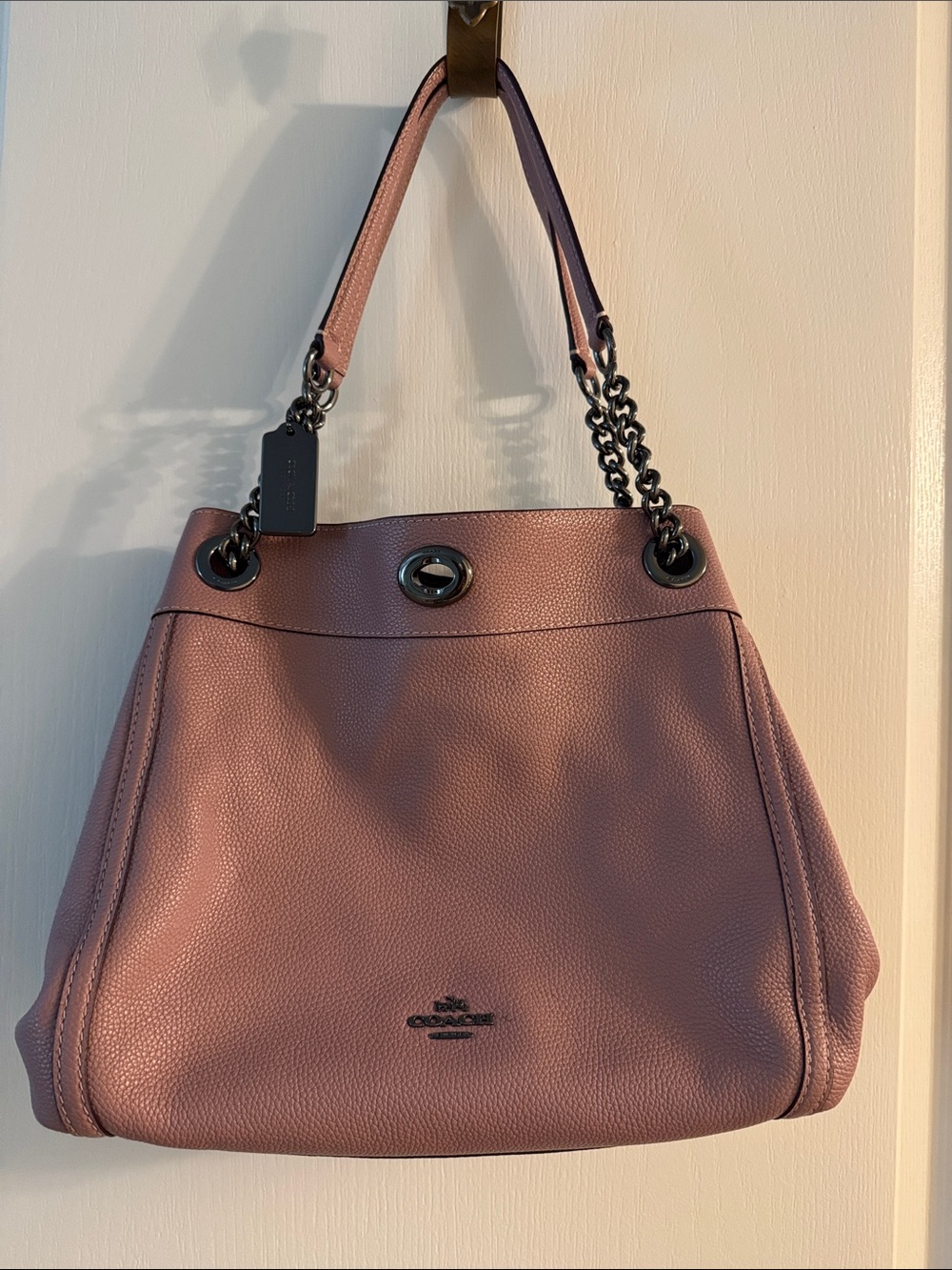 Coach Pebbled Leather Shoulder Bag in Mauve Pink with Gunmetal Chain